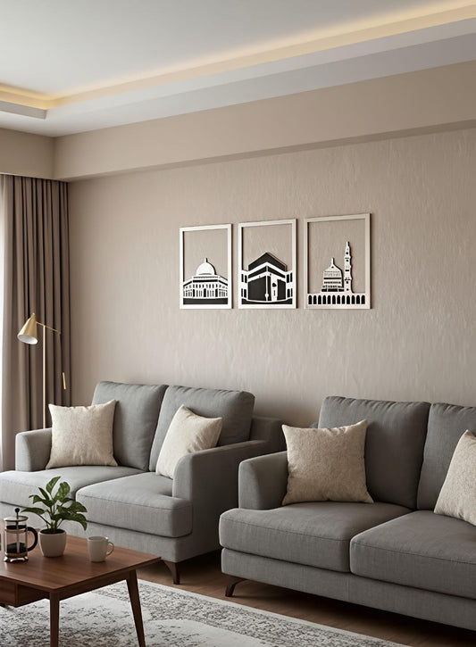 Rectangle Kaaba, Masjid Al-Aqsa, and Masjid-e-Nabawi.