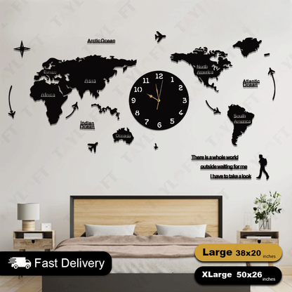 World Map Wooden Clock For Wall Decor